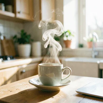 Morning coffee steam rising in a sunlit kitchen