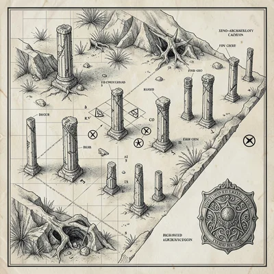 A sci-fi xeno-archaeology dig site map with alien ruin columns in fine ink, find