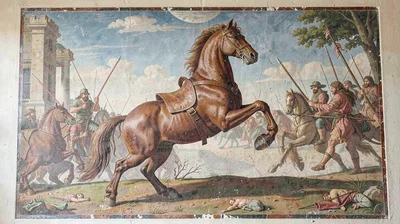 Fresco-style illustration, horse rearing in battle , painted into wet plaster, p