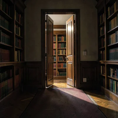 Quiet evening atmospheric of a half-open library door spilling warm light onto a
