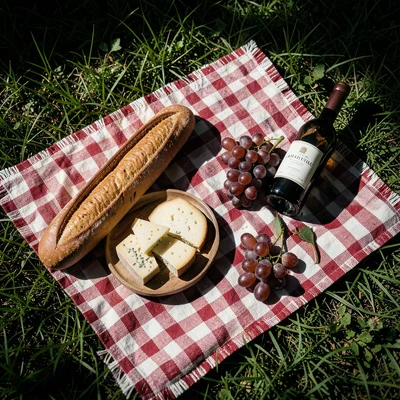 Picnic flat lay: baguette, cheese, grapes, wine bottle, checkered blanket, on gr