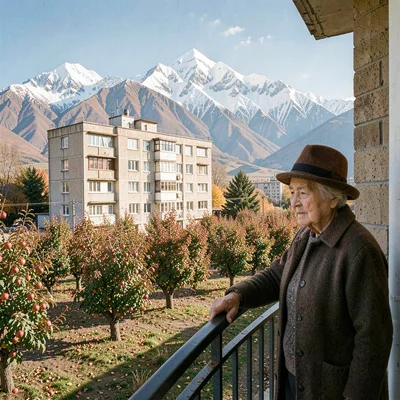 Tian Shan mountains behind Soviet Almaty, Soviet-era apartment block with snow-c