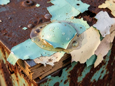 Paint bubbling on hot metal, rounded dome blisters about to pop, trapped moistur