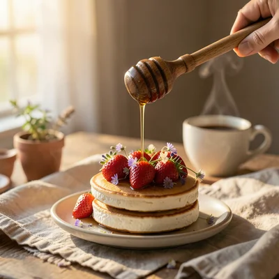 A close-up of someone drizzling honey from a wooden dipper over a stack of ricot
