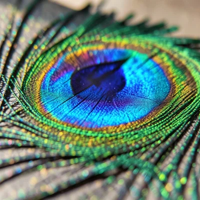 Peacock feather barbule extreme macro, structural color from melanin thin-film c