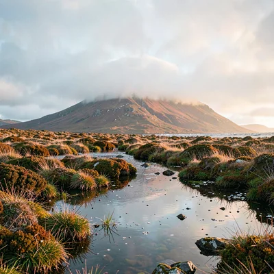 Connemara bog light, Atlantic silver, Mountain emerging from low cloud, soft edg
