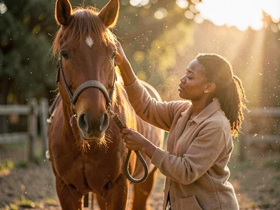 Wistful stable hand, biracial woman in her thirties, brushing a chestnut horse's