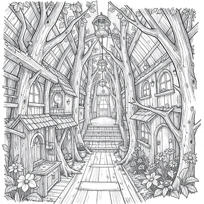 A fictional space-elf tree-ship interior plan with a great trunk-corridor, leaf-