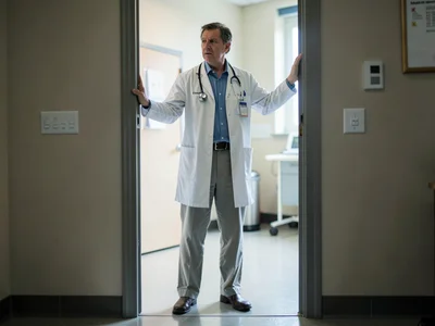 Doctor standing in hospital room doorway about to deliver news, hand on doorfram