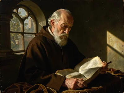 Elderly monk reading a manuscript, arched window sending a single shaft across t