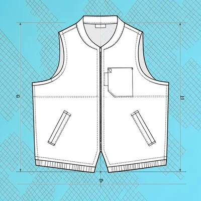 Cutaway technical drawing of a layered shell jacket, ivory cross-hatch on cyan g
