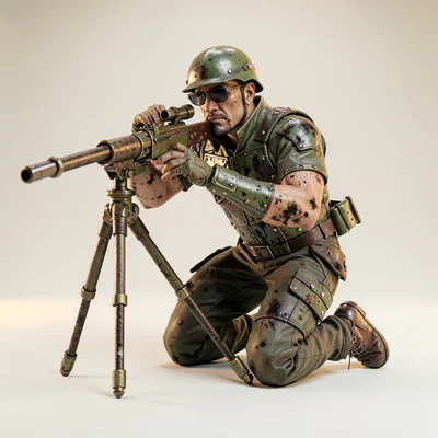The machine-gunner kneels to brace an unseen tripod, soot smudges streaking the 