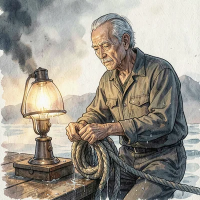 A wistful Vietnamese fisherman in his sixties coiling a wet rope at dawn, lamp g