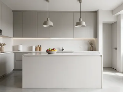 Modern kitchen island with pendant lights, fresh fruit in a bowl, clean countert