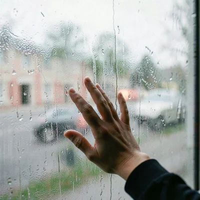Someone's hand pressing against frosted window from inside, world outside a blur