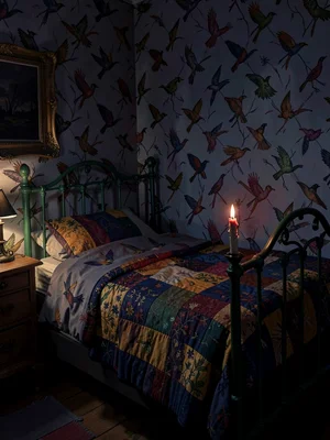 Lampblack-shadowed printer's tenement bedroom at deep night with one candle-stub