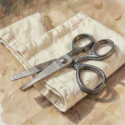 Product of a pair of fabric shears resting on a folded length of linen