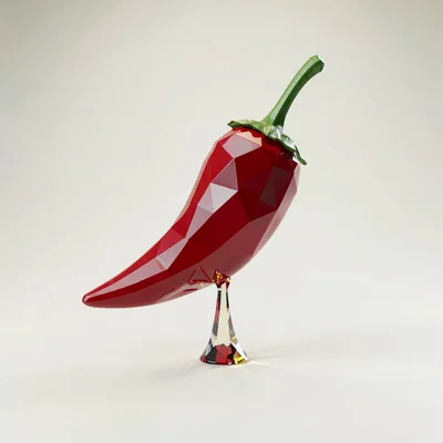 Vivid ruby-red lowpoly chili pepper with a glossy faceted body and a tiny crysta