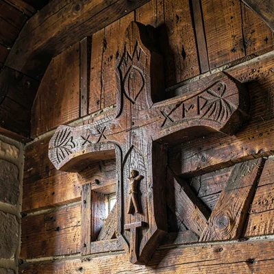 Maramures wooden craft, hand-carved church detail, Carved wooden cross detail, g