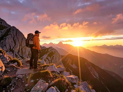Hiker on mountain ridge at sunset