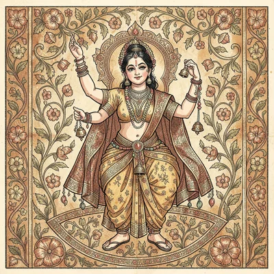 Kalamkari pen illustration, devadasi dancer with bells and jewelry , hand-drawn 