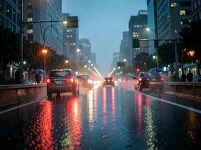 A rainy highway at dusk, taillights of cars creating red streaks in the wet road