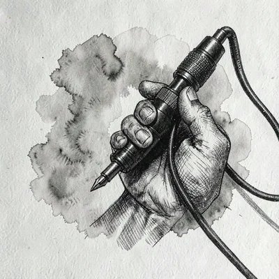 Crosshatched ink drawing of a hand poised with a tattoo machine, dramatic chiaro