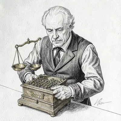 The cipher-clerk in pressed waistcoat angles forward, brass-keyed cipher-machine