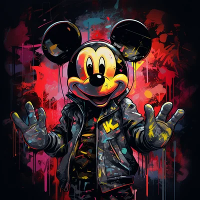 Black shirt design detail Micky-Mouse-gloved AI robot