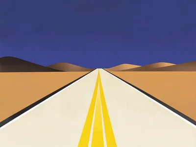 Painted yellow centerline stripes a cream-asphalt highway across an ochre desert