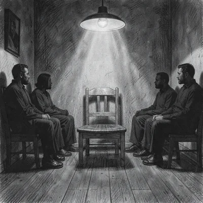 Charcoal study of an empty wooden chair in a room of seated silhouettes, lamp po