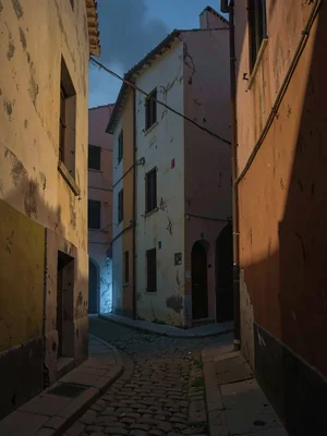 Curving alley turning out of sight around a buttressed corner, evening blue cree