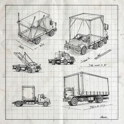 Blueprint sheet of a touring stage breakdown with truck-load diagrams, fine ink