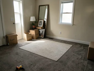 A living room on moving day — half the furniture gone leaving rectangular clean 