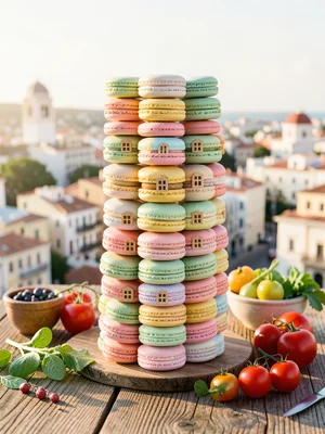 Skyscraper made entirely of stacked macarons in pastel colors, tiny windows, cit
