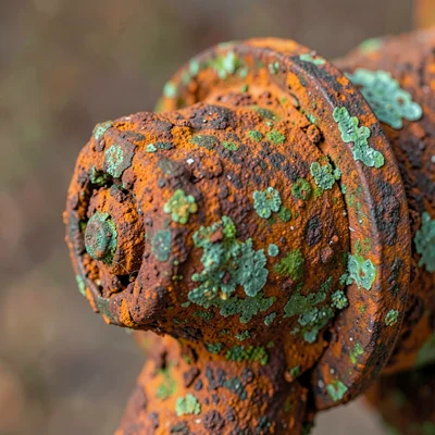 Corroded pipe fitting, verdigris meeting rust, metal patina study