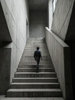 Brutalist staircase with single figure ascending, concrete rhythm interrupted