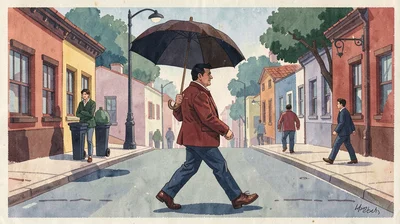 Gouache illustration, man with umbrella crossing street , opaque matte pigment, 