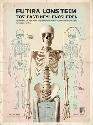 Anatomical skeleton model, perfectly centered, educational poster symmetrically 