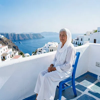 Sidi Bou Said cobalt-white, cliff-top absolute palette, Elderly woman in white h
