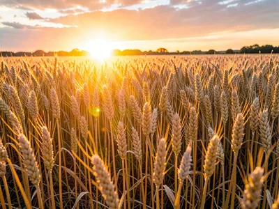 Sunset behind wheat creating golden backlight