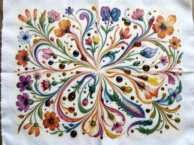 Freestyle Turkish ebru with wildflower motif, pigment manipulated into organic f