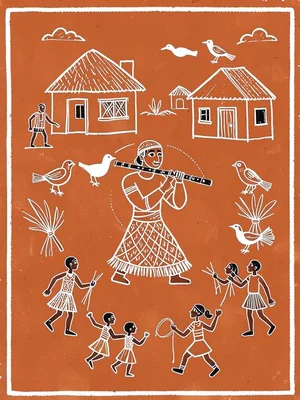 Single figure playing a tarpa flute — circular breath, birds gathering to listen