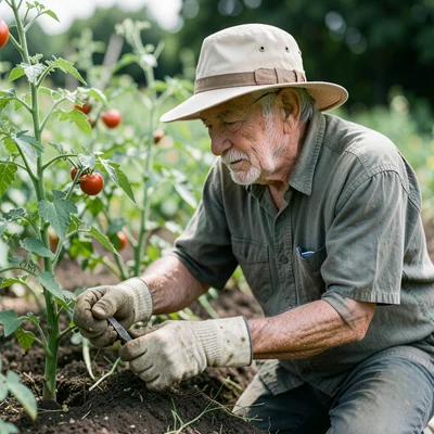 Elderly man tending to a garden, sunhat and worn gloves, tomato plants behind hi