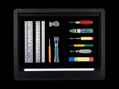 Flatbed scan of school supply collection, rulers, erasers, sharpeners, detail