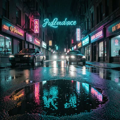 A karaoke bar sign in electric blue cursive, its reflection rippling in a puddle