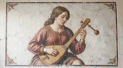Fresco-style illustration, musician playing lyre , painted into wet plaster, pig