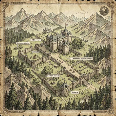 Fantasy map illustration, a castle and grounds map with defensive positions, sec