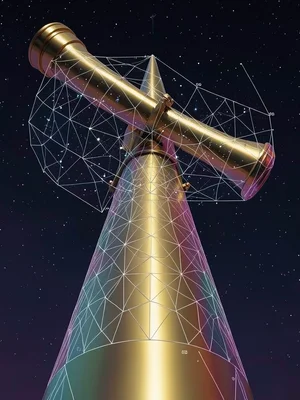 Brass telescope pointed at sky showing augmented reality star chart overlay