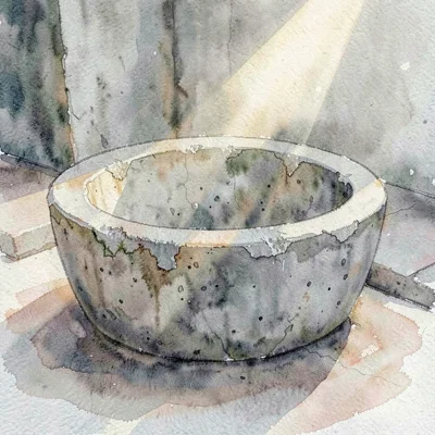 Atmospheric scene of a concrete bowl with worn coping, late afternoon light raki